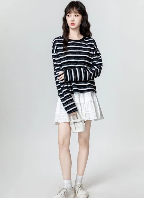 Striped Bow Long Sleeve Top