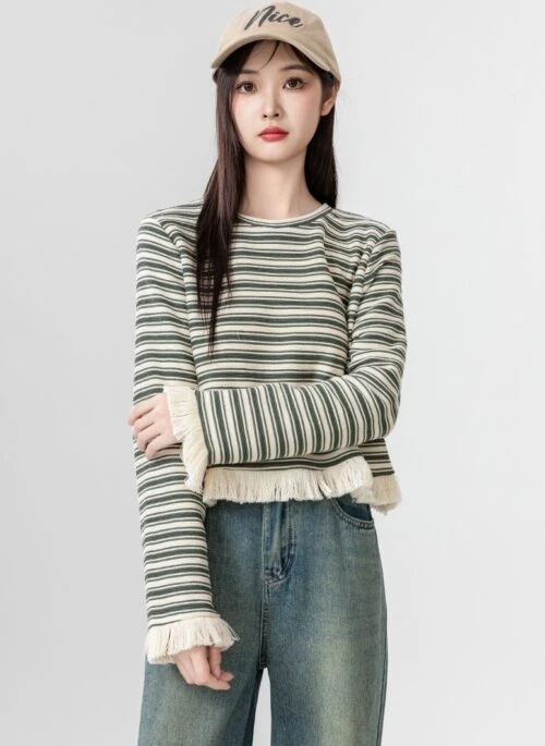 Striped Fringe Hem Long Sleeve Top