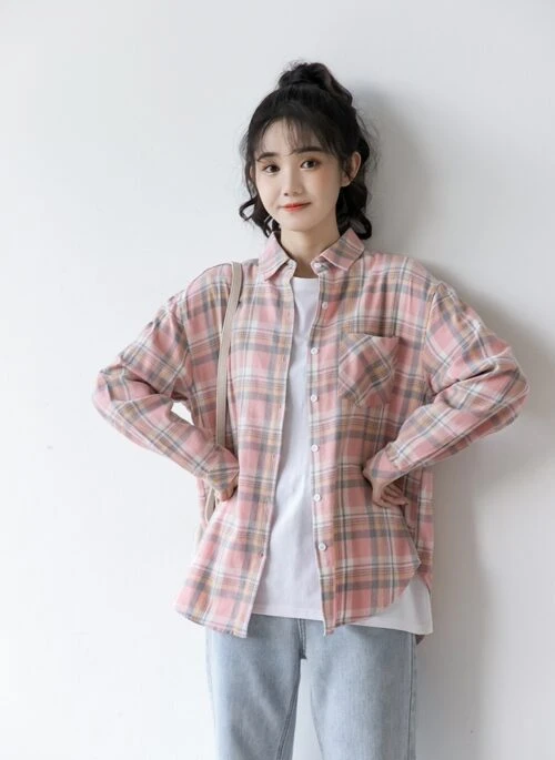 Sweet Pink Plaid Loose Shirt