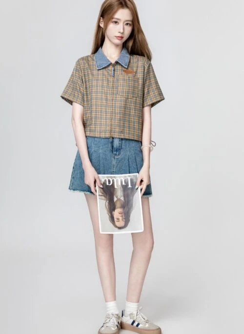 Vintage Plaid Drawstring Polo Shirt