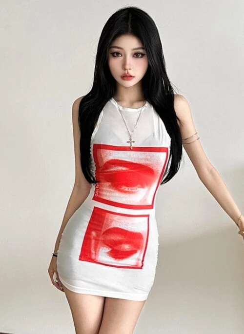 White Graphic Eye Print Sheer Dress | Jennie – BlackPink