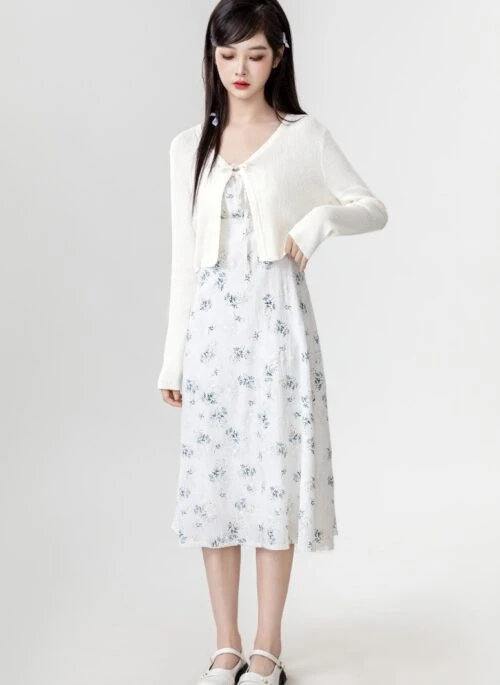 White Knit Cardigan With Sleeveless Dress