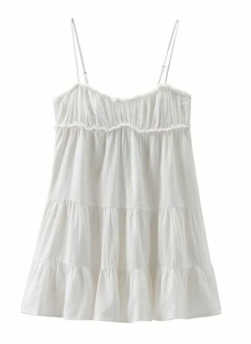 White Tiered Pleated Sling Dress | Hong Hee Joo – When The Phone Rings