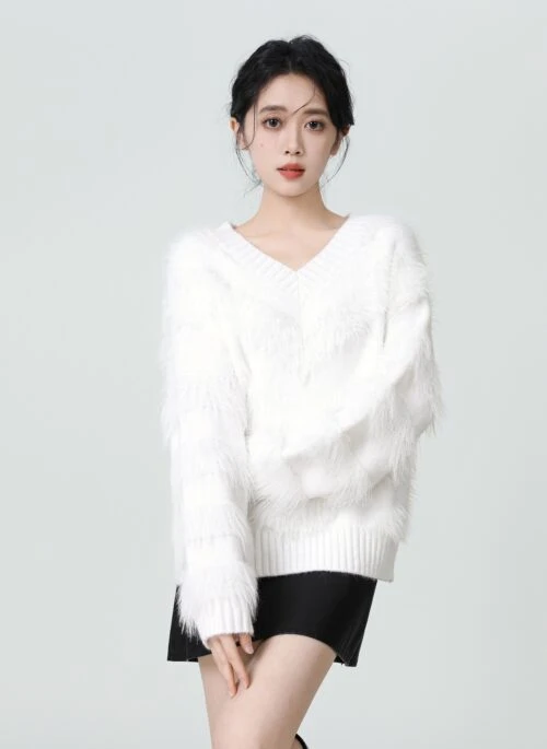 White Vneck Fuzzy Knit Sweater