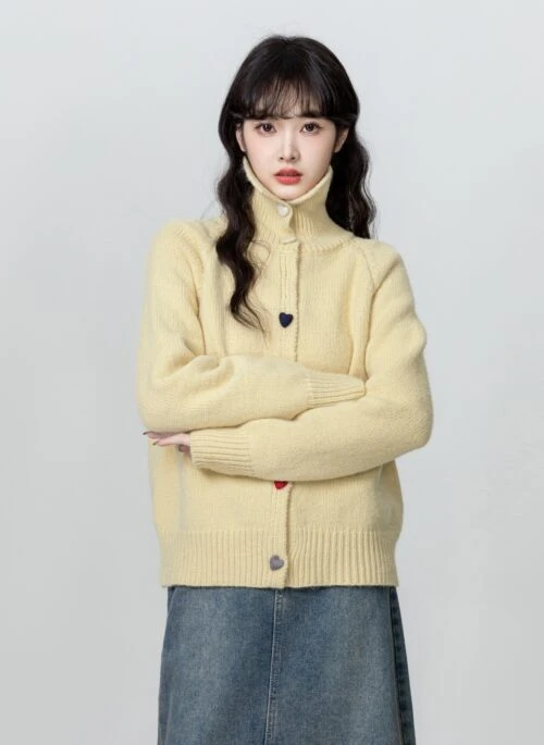 Yellow Turtleneck Knit Cardigan Sweater