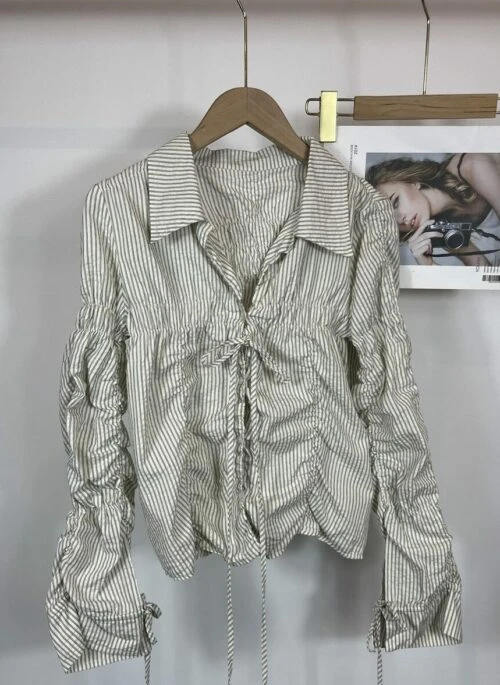 Beige And Black Pinstripe Ruched Shirt | Seulgi - Red Velvet