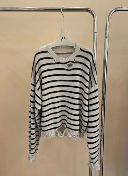 Beige And Black Striped Distressed Sweater | Jin – BTS