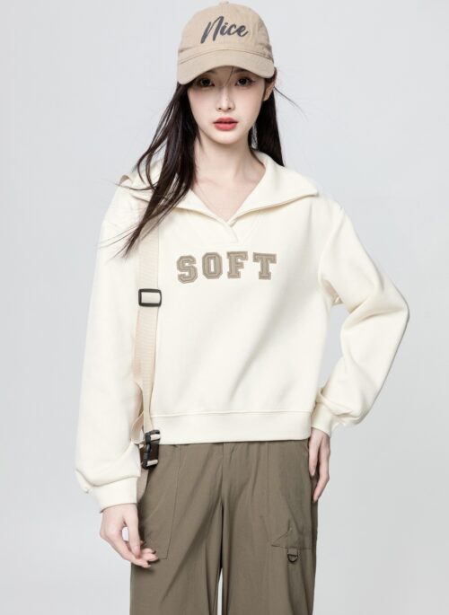 Beige Lettered Pullover Polo Sweatshirt