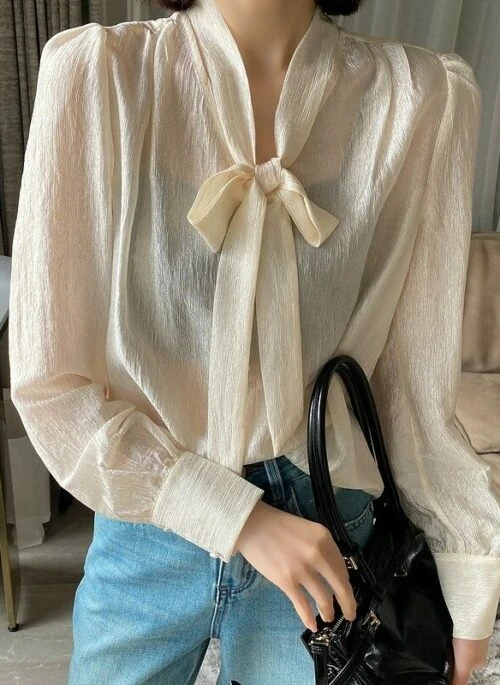 Beige Puff Sleeves Bow Blouse | Kang Ji Yun – Love Scout