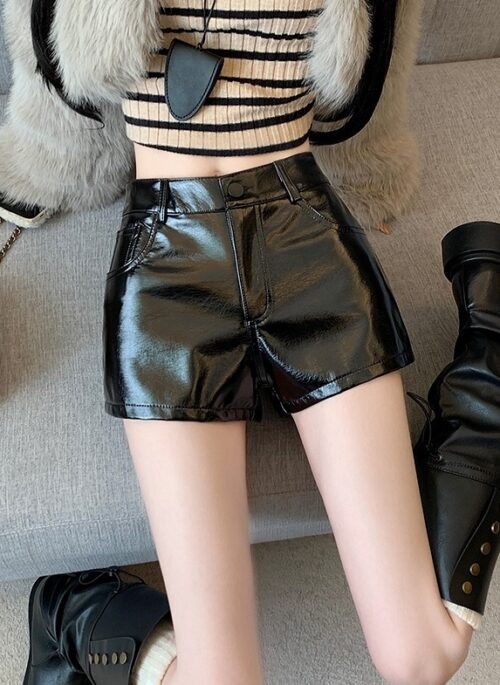 Black Glossy Faux Leather Shorts | Jennie – BlackPink