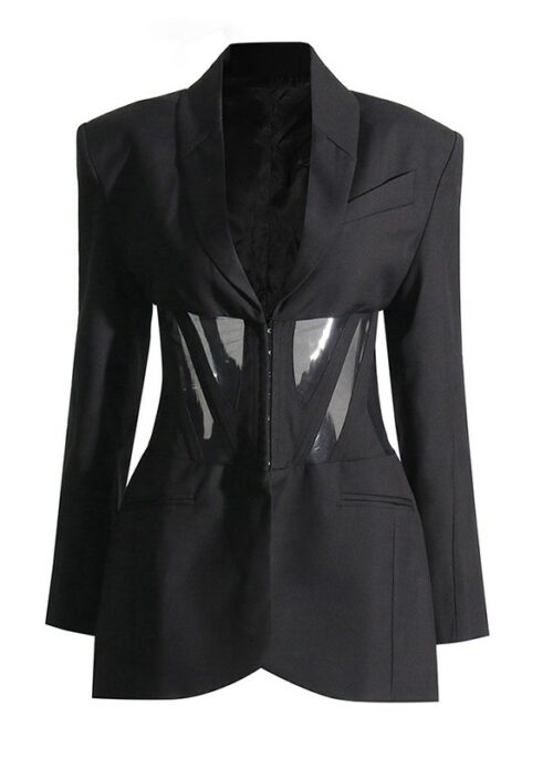 Black Mesh Corset Waist Suit Blazer Jacket | Kazuha – Le Sserafim