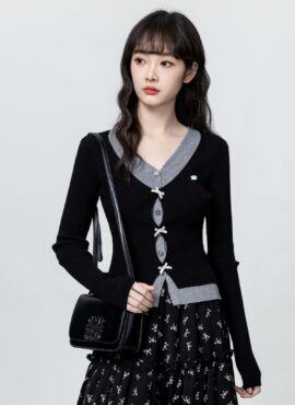 Black Vneck Knit Sweater With Bow Design