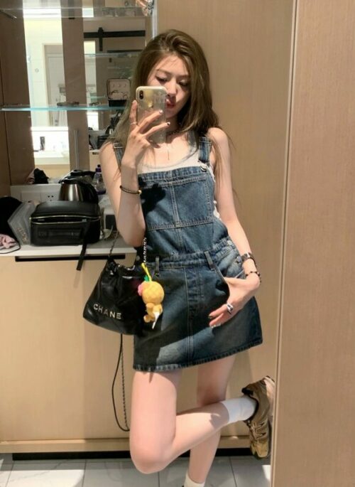 Blue Skirt Overalls Denim Dress | Wonhee – ILLIT