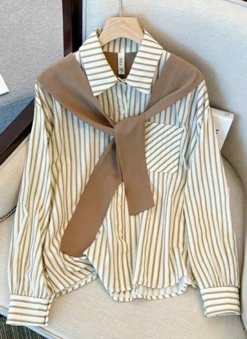 Brown Two-Piece Illusion Stripes Shirt And Sweater Shawl | Jennie – BlackPink