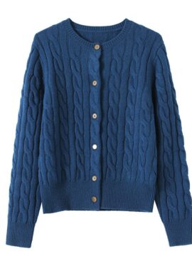 Dark Blue Cable Knit Button-Up Cardigan | Chung Ha