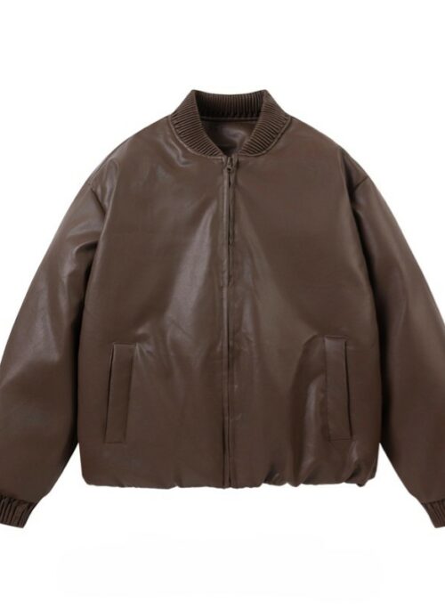 Dark Brown Faux Leather Bomber Jacket | Jin - BTS