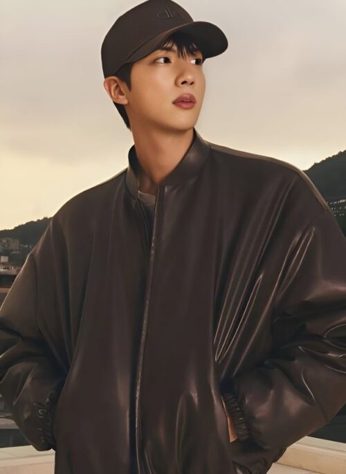 Dark Brown Faux Leather Bomber Jacket | Jin - BTS