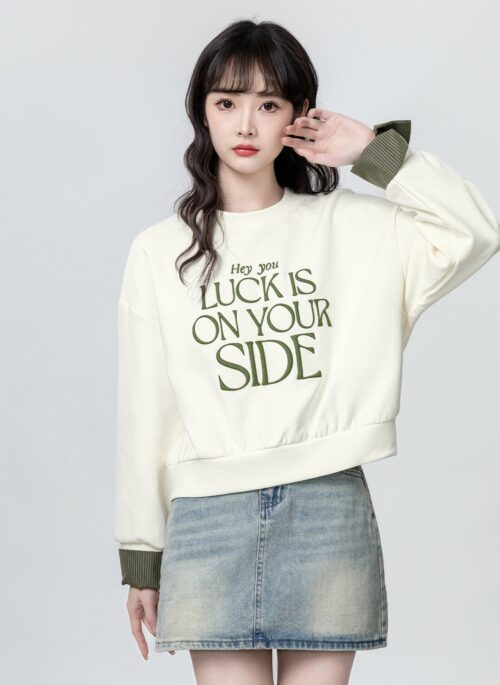 Embroidered Letter Crewneck Pullover Sweater