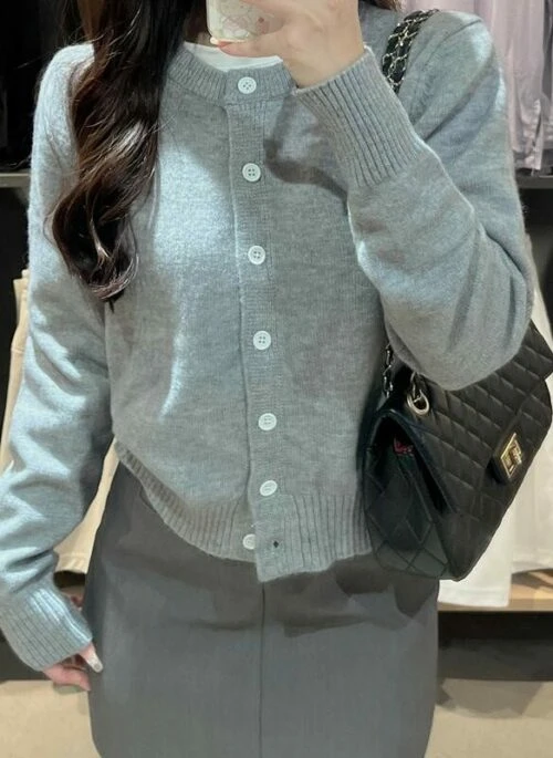 Grey Knitted Cardigan  With White Buttons | Jisoo - BlackPink