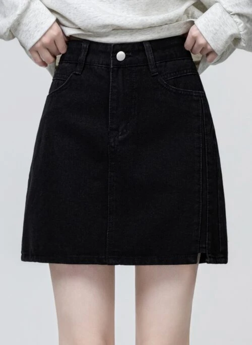 High Waist Black Denim Skirt