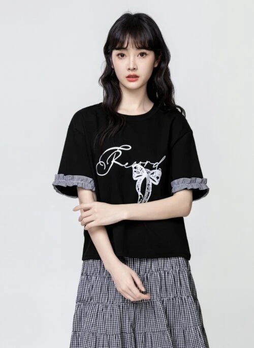 Plaid Patchwork Letter Short Sleeve Tee