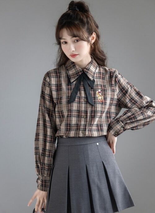 Plaid Vintage Bowknot Spring Blouse