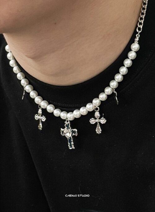 Silver Cross Pendants Pearl Necklace | Chung Ha