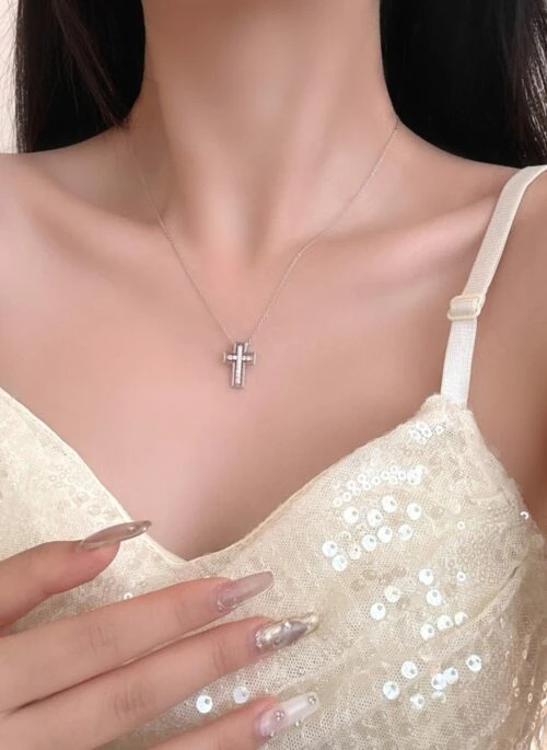 Silver Rhinestones Cross Pendant Necklace | Haruto - Treasure