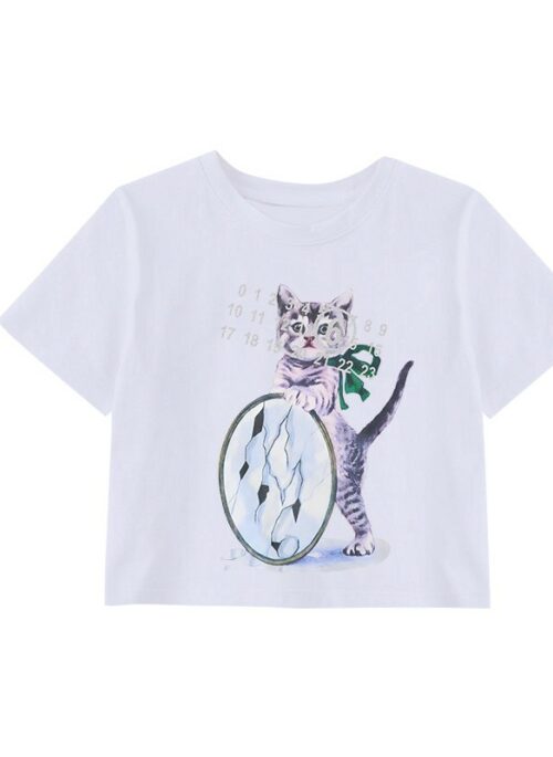 White Kitten Print Crop T-Shirt | Wonhee - ILLIT