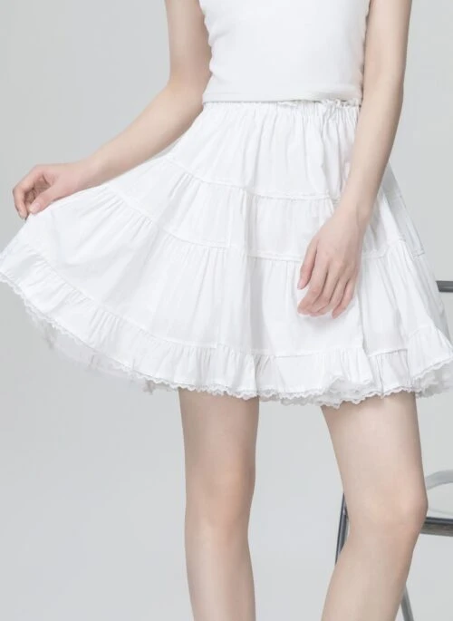 White Lace High Waist Flared Skirt