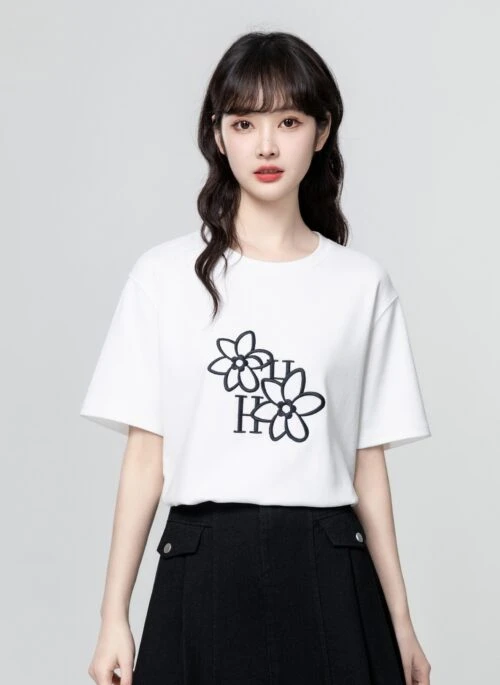 Black Floral Embroidered Short Sleeve Tee