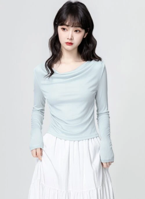 Blue Asymmetrical Long Sleeve Top