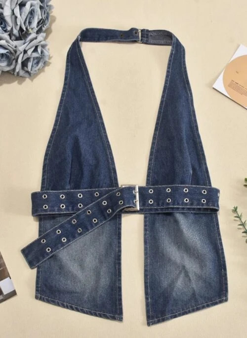 Blue Halter Backless Denim Vest | Yunjin - Le Sserafim