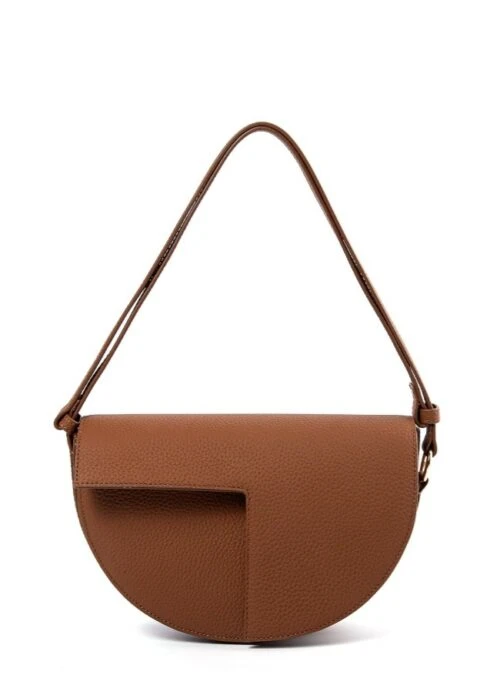 Brown Leather Asymmetric Saddle Bag | Kang Ji Yun – Love Scout