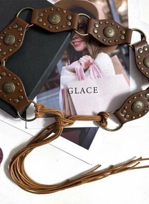 Brown Vintage Rivet Faux Leather Chain Belt | Sakura – Le Sserafim