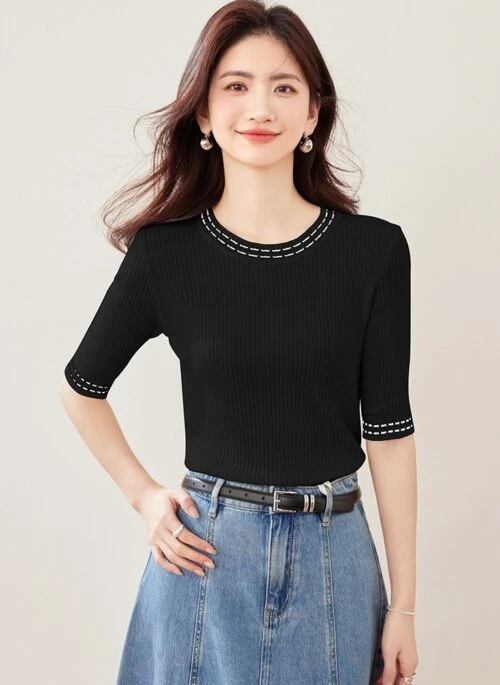 Colorblock Silk Knit Sweater Short Sleeve Top