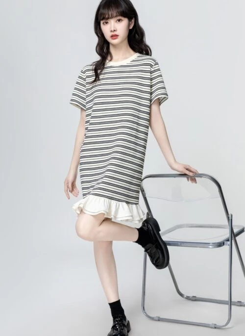 Colorblock Striped Ruffle Hem Dress