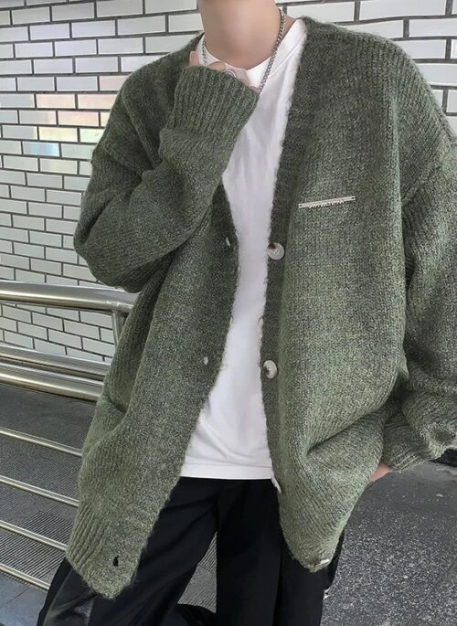 Green V-Neck Knitted Cardigan | Jeongin - Stray Kids