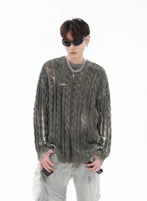 Grey Cable Knit Distressed Sweater | Hyunsuk – Treasure