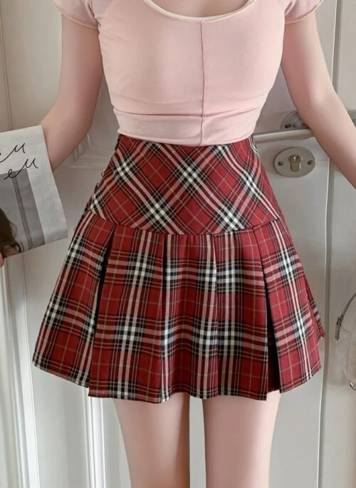 Red Plaid Fit And Flare Skirt | Lily - NMIXX