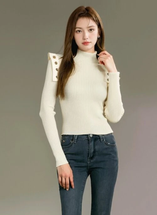 Stylish Almond Pullover Sweater With Shoulder Accents