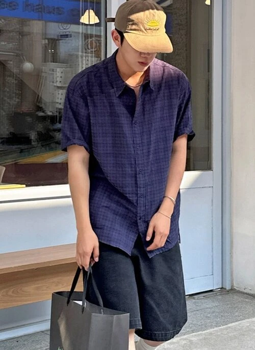 Blue Vintage Plaid Short Sleeve Shirt