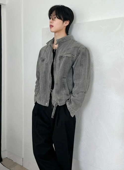 Washed Gray Denim Jacket Trendy Design