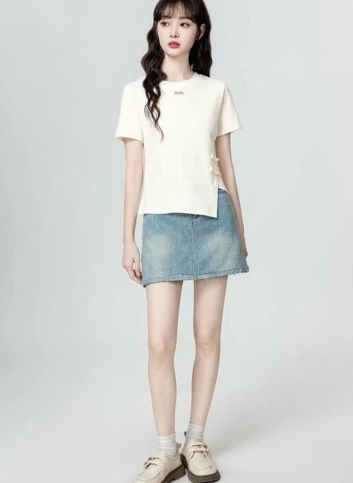 Asymmetrical Mandarin Collar Short Sleeve Top