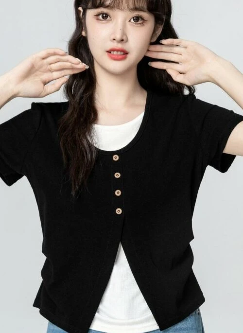 Asymmetrical Split Short Sleeve Black Top