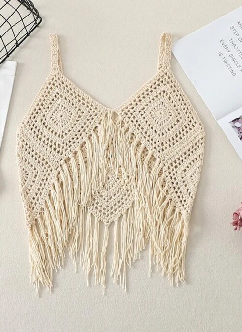 Beige Boho Crochet Tassel Top | Winter – Aespa