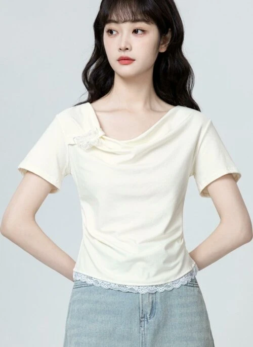 Beige Lace Trim Bowknot Short Sleeve Top