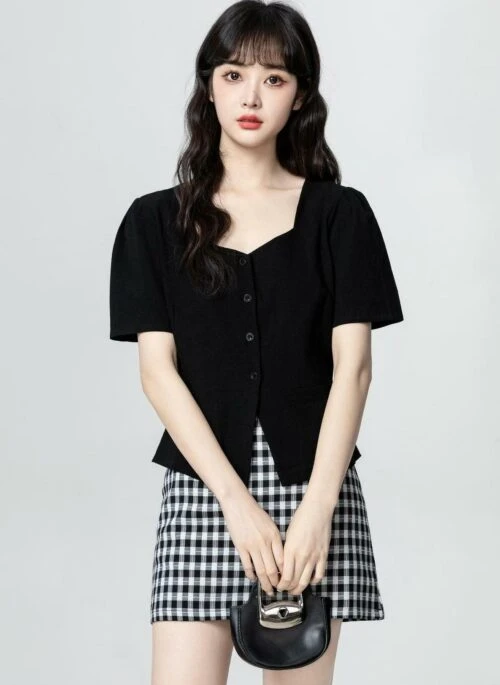 Black Asymmetrical Split Short Sleeve Top