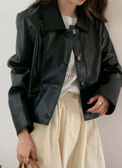 Black Button-Up Faux Leather Short Jacket | Baek Su Jeong – My Dearest Nemesis