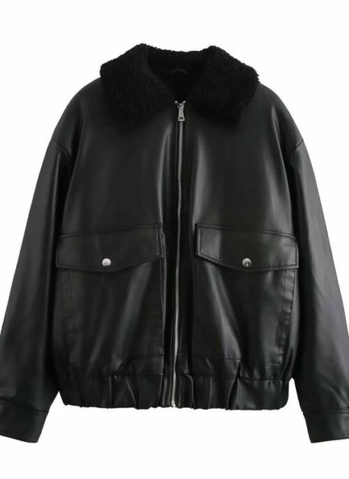 Black Faux Leather Plush Collar Jacket | Baek Su Jeong – My Dearest Nemesis